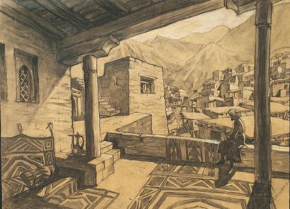 Arcadie LOCHAKOW (1892-1941) Estimation 300 - 400 €
" Village du Daghesdan " Fusain...