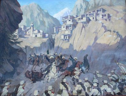 LOCHAKOW Arcadie (1892-1941) « Scène de combat au Daghestan septentrionnal » huile...