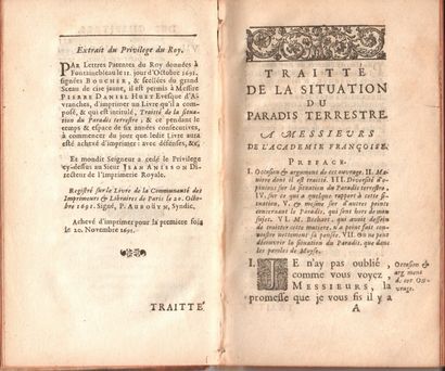 HUET Pierre Daniel (1630-1721) 
"De la situation du paradis terrestre" 280 pages,...