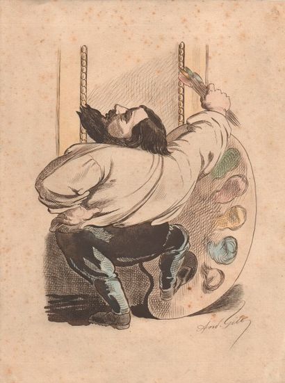 GILL André (1840-1885) 
- « COURBET, peint par lui-même et par GILL » aquarelle et...