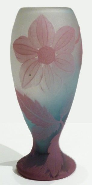 MULLER Frères Croix-Mare « Fleur rose », vase en verre gravé à l’acide c.1900, H...