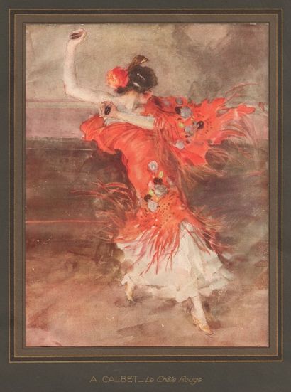 CALBET Antoine (1860-1944) « Le châle rouge » de 1925, gouache, 33 x 26 cm et 47...