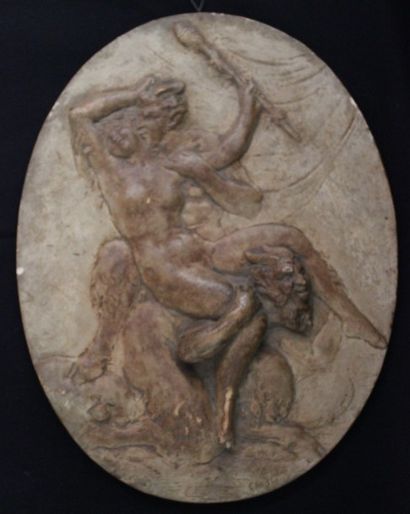 CLODION (1738-1814) « L’amour interdit » bas-relief en terre cuite patinée, H : 23,5...