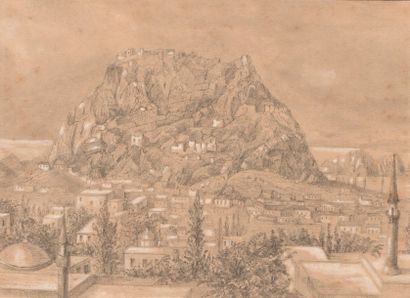 ARMENIE « Vue de Van, du rocher, le lac » dessin au crayon gouaché c.1840, 11,3 x...