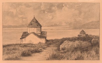 ARMENIE « Les chapelles de l’ile de Sevan » fusain vers 1890, 20,2 x 33,8 cm (32,5...