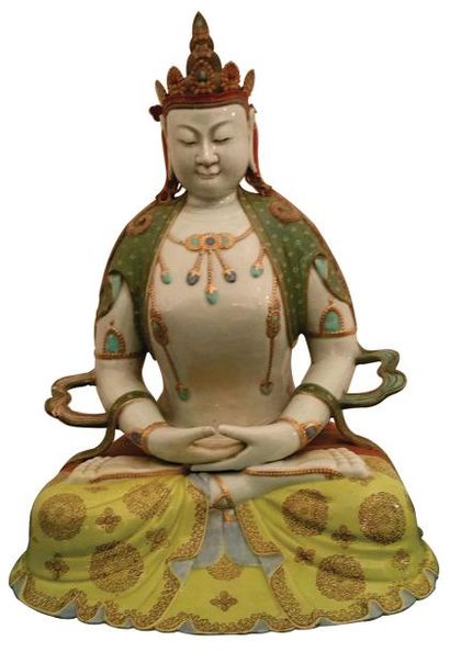 CHINE - XVIIIe siècle 
« BOUDDHA » Grande statuette de bouddha en porcelaine émaillée...