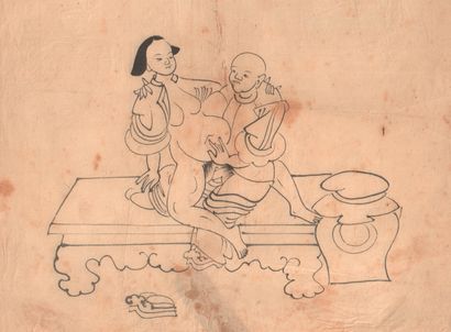 Scènes d'amours anamites 
Quatre dessins à l’encre de Chine sur papier d’époque 1850,...
