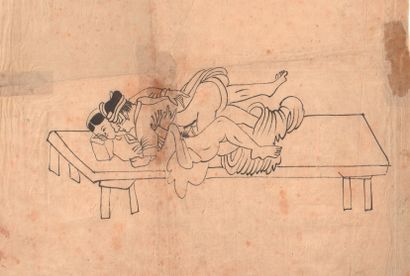 Scènes d'amours anamites 
Quatre dessins à l’encre de Chine sur papier d’époque 1850,...