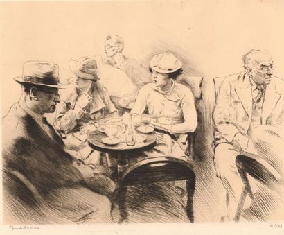 CHAHINE Edgar (1874-1947) 
"Intellectuels arméniens au café" pointe-sèche signée...
