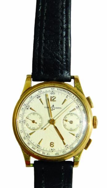 ULYSSE NARDIN DE 1950 
Montre chronographe d’homme, or jaune 42,6 gr. brut, 18K (750/°°)...