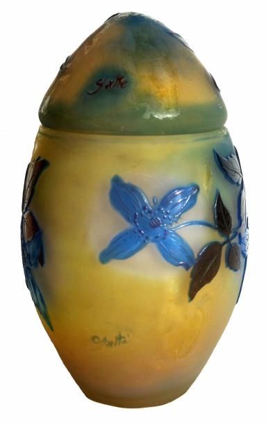 GALLÉ Émile (1846-1904) « Papillons et Clématites »
Boite en verre de forme "œuf"...
