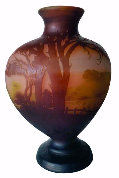 GALLÉ Émile (1846-1904) « Paysage lacustre »
Vase en verre double gravée à l’acide,...