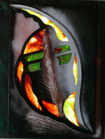 OMETZ Sylvie "Embrasement" Tableau en bois avec inclusions de verre de couleur éclairage...