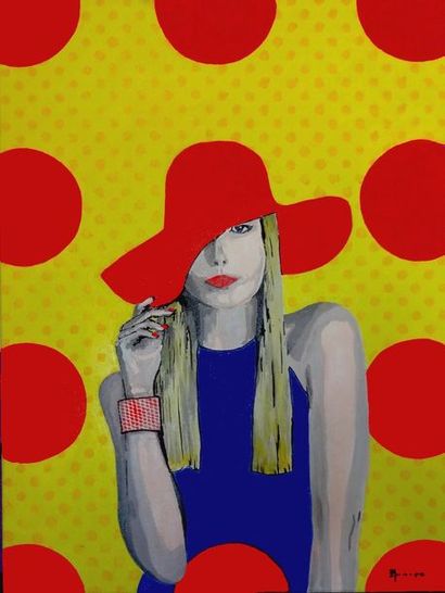 QUIVOGNE Jean Claude "Chapeau Rouge" Acrylique sur toile 46 x 61 cm encadrée 50 x...