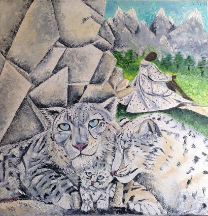 GIRONDE Marie "Leopard des neiges" Huile au couteau sur toile 80 x 80 cm signée.

Frais...