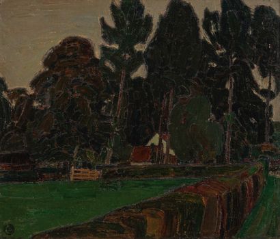 LEON DE SMET (1881-1966) Haie, arbres et ferme, 1930.
Huile sur toile.
Signée avec... Gazette Drouot