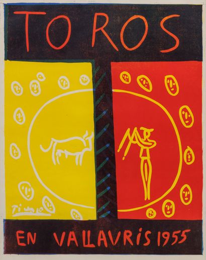PABLO PICASSO (1881-1973) 'Toros en Vallauris', 1955.
Linogravure en couleur. Publié... Gazette Drouot