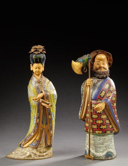 CHINE 
Curieuse et amusante paire de figurine en bronze cloisonné, les têtes et les...