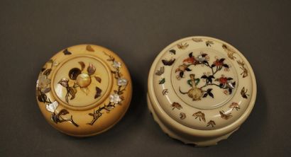 JAPON 
Deux boîtes en ivoires à incrustations de nacre à décors de fleurs, papillons...