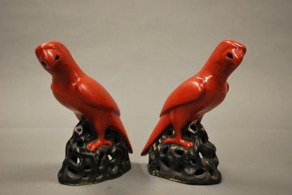 CHINE 
Paire de perroquets en porcelaine rouge.
XXe siècle.
H.: 23 cm (lot non r...