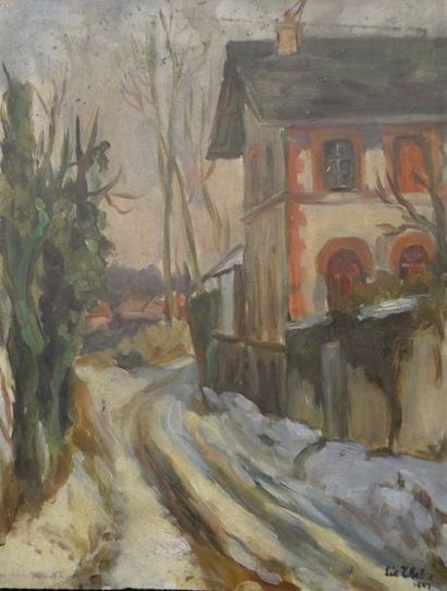 Lié THELIER Huile sur isorel "Rue sous la neige"
Dim. : 34,7 x 26,5cm