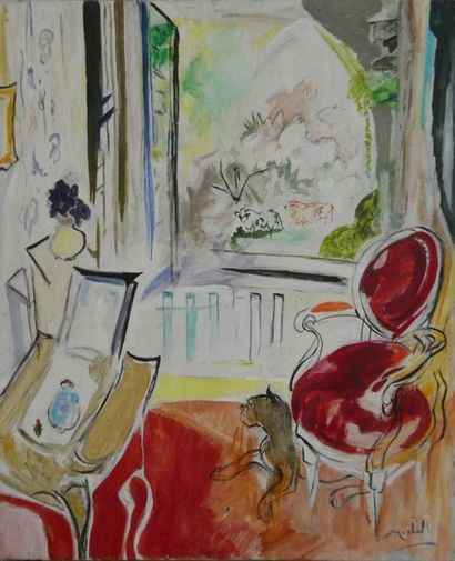Janie Michels Intérieur au fauteuil rouge et au chien assis
Huile sur toile
Dim....