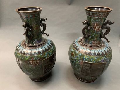 null JAPON 


Paire de vases en bronze cloisonné, anses zoomorphes.


Epoque Meiji.


H....