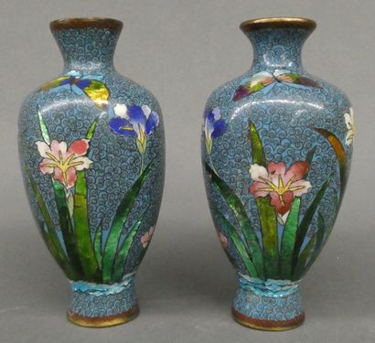 null Paire de petits vases en émail cloisonnés à décor d'iris et de papillons sur...
