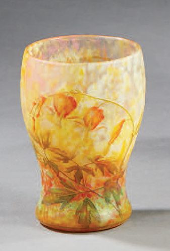 DAUM Nancy Lined glass vase with autumnal foliage decoration in shades of orange,...