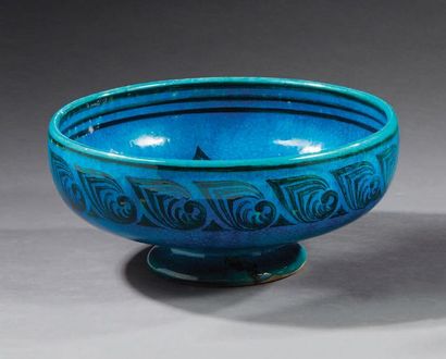 LONGWY ATELIER PRIMAVERA Blue and black glazed ceramic bowl with stylized floral...