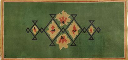 Jules LELEU (1883-1961) 
Rectangular woollen rug with black, red and cream decoration...