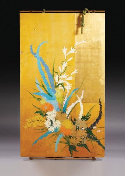 Paul-Etienne SAIN (1904-1995) 
Polychrome lacquered wood partition panel with floral
decoration...