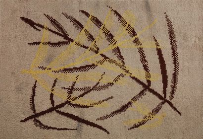 TRAVAIL 1980 
Tapis rectangulaire en laine à décor géométrique brun et jaune sur...