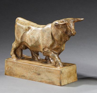 Sébastien LAURENT (né en 1897) & MOUGIN Brown enamelled stoneware bull Signed "S.Laurent...