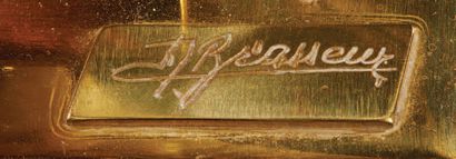 Jacques Duval-Brasseur (né en 1934) 
Desk lamp in gilt bronze and quartz, brass base
Signed...
