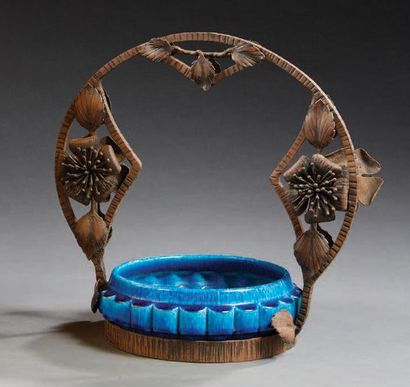 Manufacture nationale de SÈVRES Blue enamelled ceramic bowl set in a wrought iron...