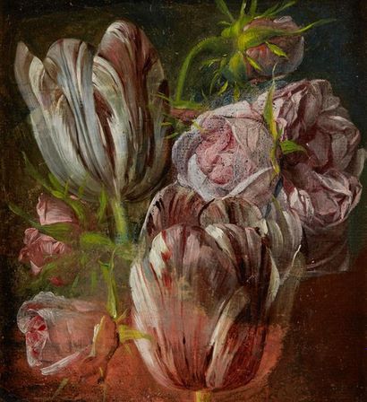 ÉCOLE LYONNAISE VERS 1820 
Etude de tulipes
Toile.
Dim.: 18 x 17 cm