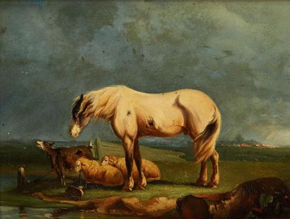 École HOLLANDAISE du XIXe siècle 
Cheval et chèvres près d'un cours d'eau
Panneau.
Dim.:...