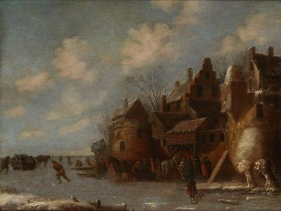 KLAES MOLENAER (Haarlem 1630 - 1676) 
Patineurs devant une maison
Panneau de chêne,...