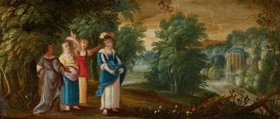 École FRANCAISE vers 1630 
Jeunes femmes cueillant des fleurs
Cuivre
Dim.: 12, 5...