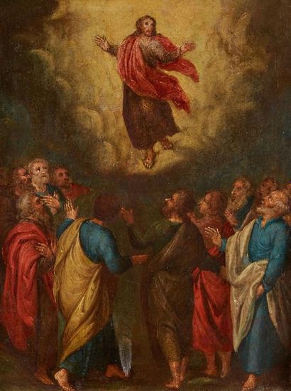 École ESPAGNOLE du XVIIe siècle 
L'ascension du Christ
Cuivre.
Dim.: 23 x 15 cm