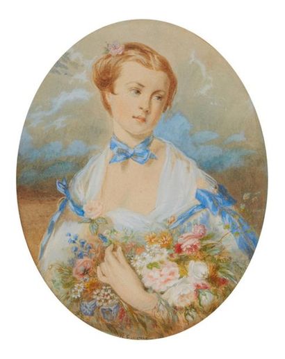 HONORINE EMERIC - BOUVRET (Melun 1814 - ?) 
Portrait de jeune femme aux fleurs
Aquarelle...