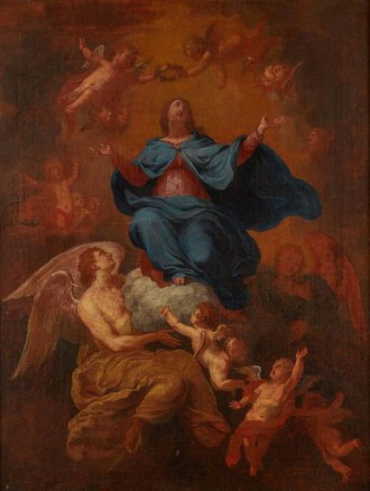 École FRANÇAISE vers 1670 
L'Ascension de la Vierge
Toile.
Dim.: 73 x 55 cm