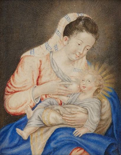 ÉCOLE FRANÇAISE de la fin du XVIIe siècle Vierge à l'Enfant
Gouache.
Dim.: 11 x 8,5...