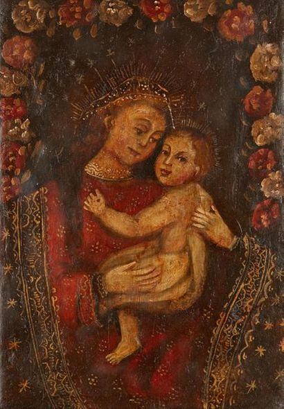 ÉCOLE DE CUZCO La Vierge à l'Enfant
Cuir.
Dim.: 19,5 x 13,5 cm
(restaurations)