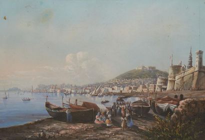 École FRANÇAISE de la fin du XIXe siècle Port du Sud
Gouache.
Dim 32,5 x 48 cm