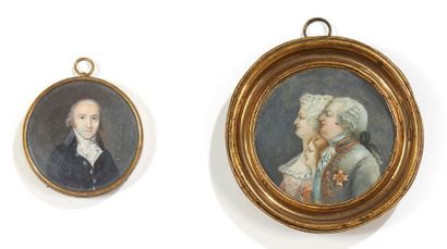 École Française du XIXe siècle Ensemble de deux miniatures rondes représentant pour...