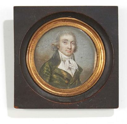 École Française du XIXe siècle Portrait d'homme à la veste verte.
Miniature.
Diam.:...
