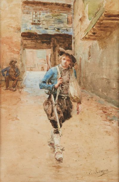 Paul Emile BOUTIGNY (1854-1929) 
Jeune homme aux sabots marchant
Gouache sur papier...