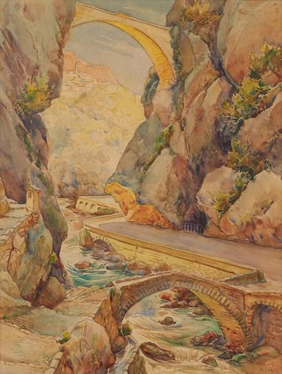 JAMES C. RICHARD (1884-1972) 
Route de montagne
Crayon et aquarelle, signé en bas...